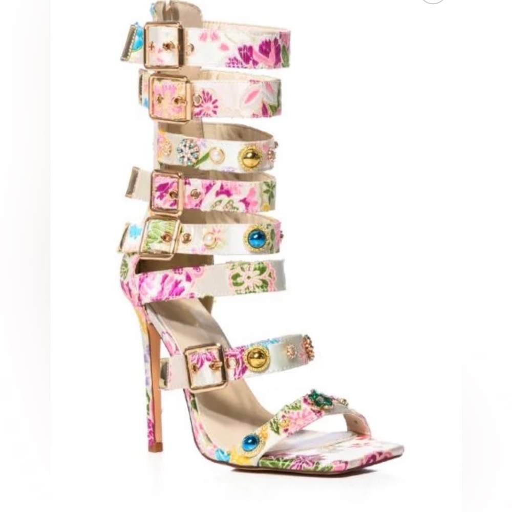 AZALEA WANG YOUR HONOR BROCADE EMBELLISHED GLADIATOR SANDAL IN  BONE 7.5 - Picture 6 of 6